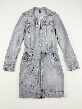 Foxy Jeans Y2K Denim Mini Dress Belted Zip Front Long Sleeve Bodycon 2000s